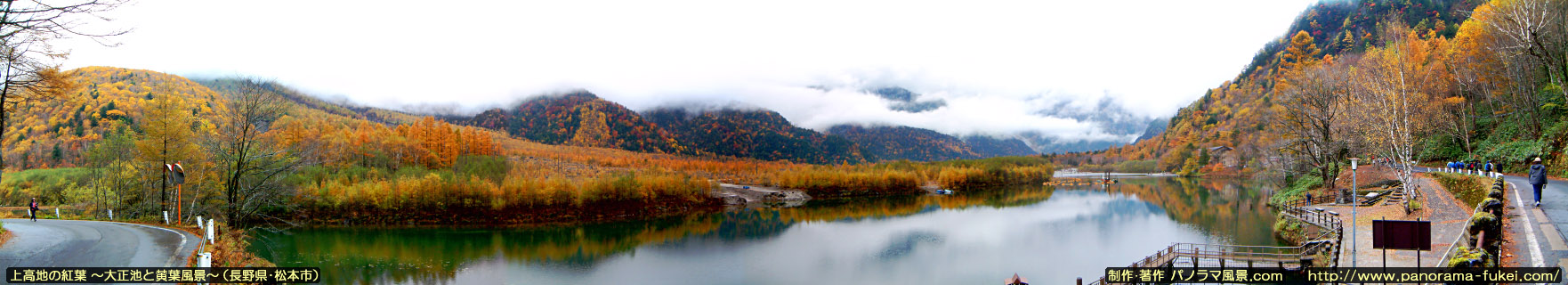 上高地の紅葉「大正池と黄葉のパノラマ風景写真」
