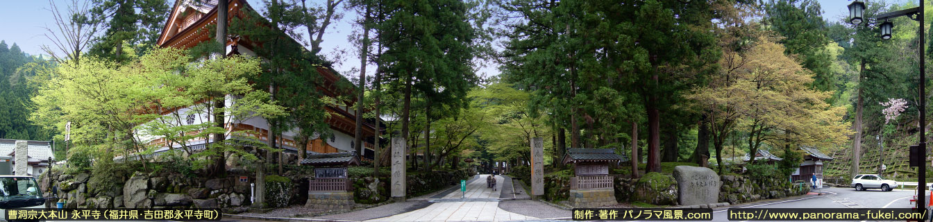 曹洞宗大本山「永平寺」の新緑風景「新緑が美しい正門のパノラマ風景写真」